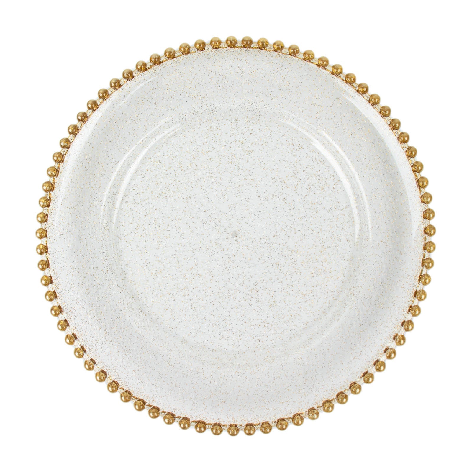 Clear gold glitter charger plate with beaded rim.