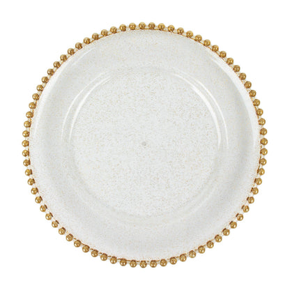 Clear gold glitter charger plate with beaded rim.