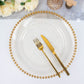 Clear gold glitter charger plate with beaded rim, perfect for elegant table settings.