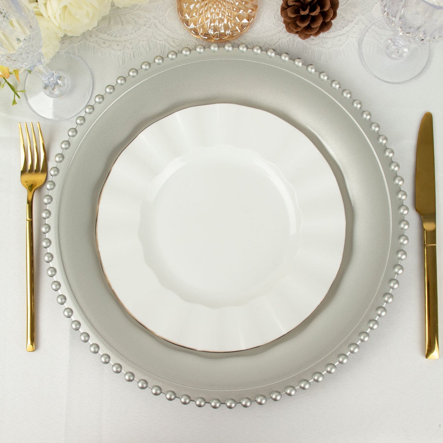 12 Inch Size Silver Color Beaded Rim Round Acrylic Plastic Plates