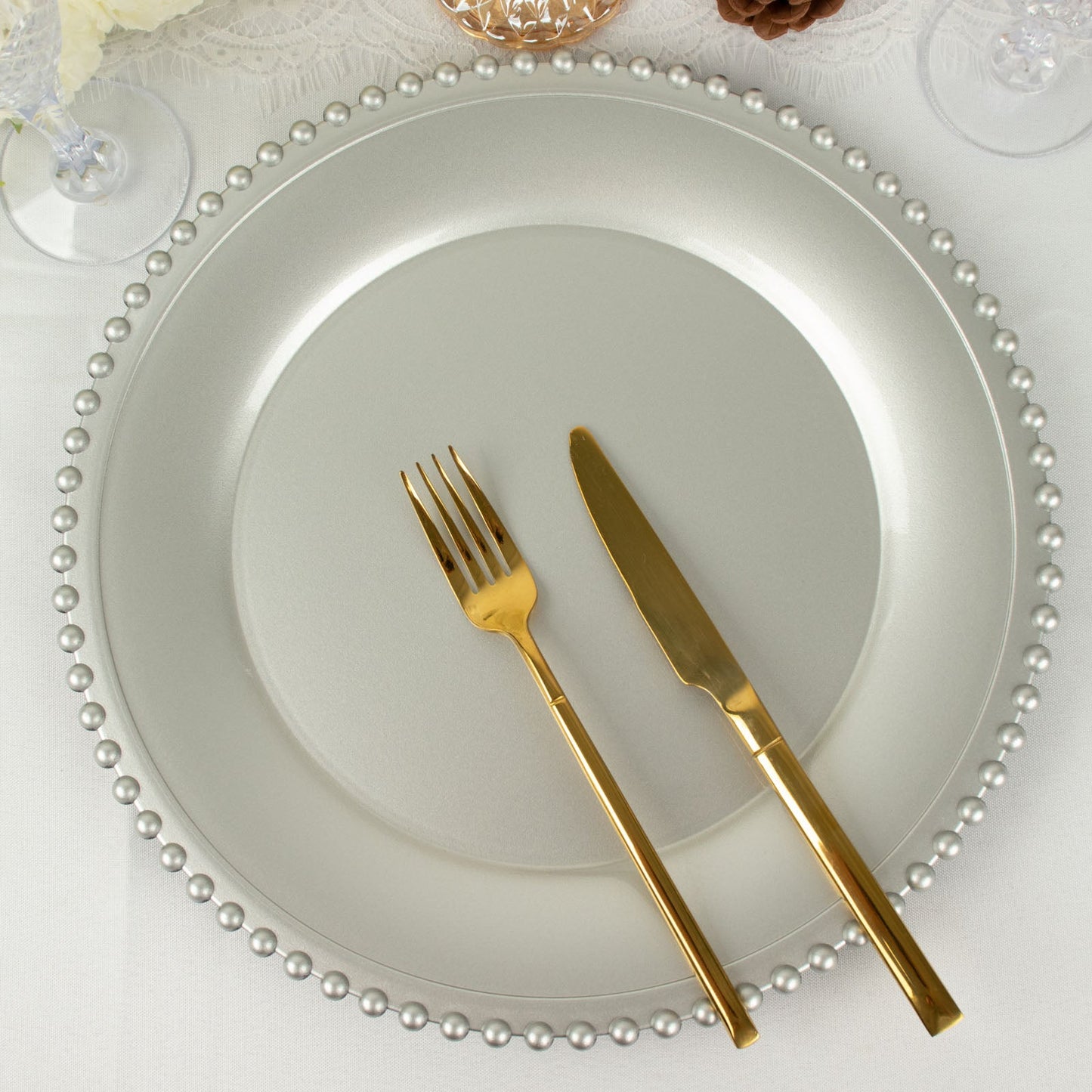 12 Inch Size Silver Acrylic Plastic Plates With Beaded Rim Round Charger Plates