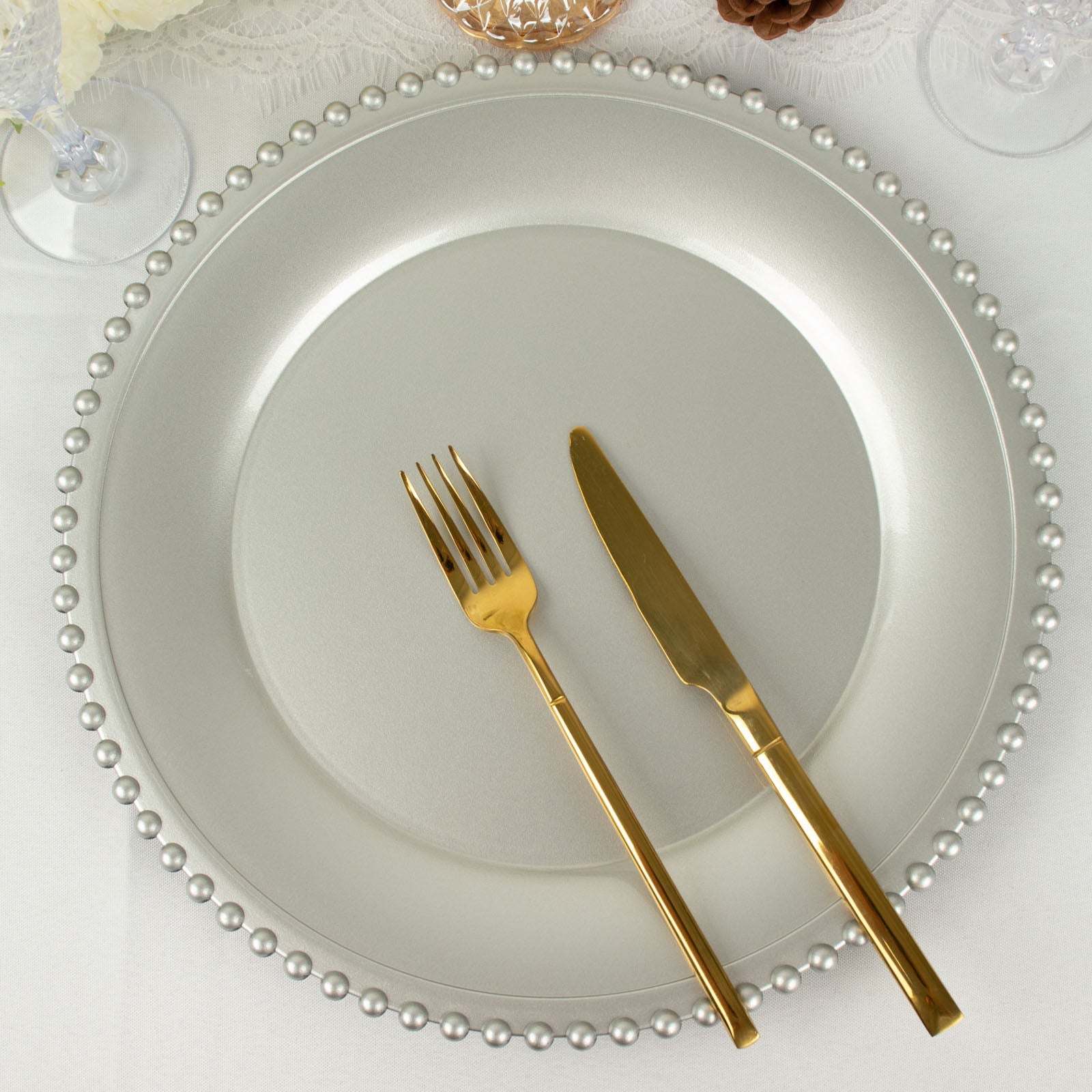 12 Inch Size Silver Acrylic Plastic Plates With Beaded Rim Round Charger Plates