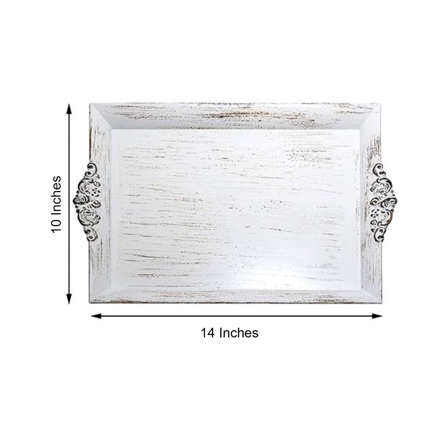 Antique white wash decorative acrylic serving tray with embossed rims, 14"x10".