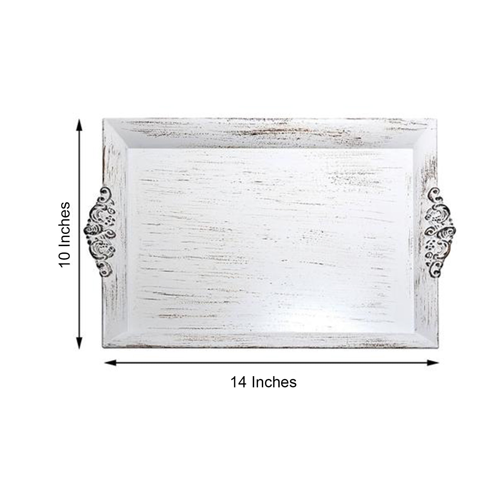 Antique white wash decorative acrylic serving tray with embossed rims, 14"x10".