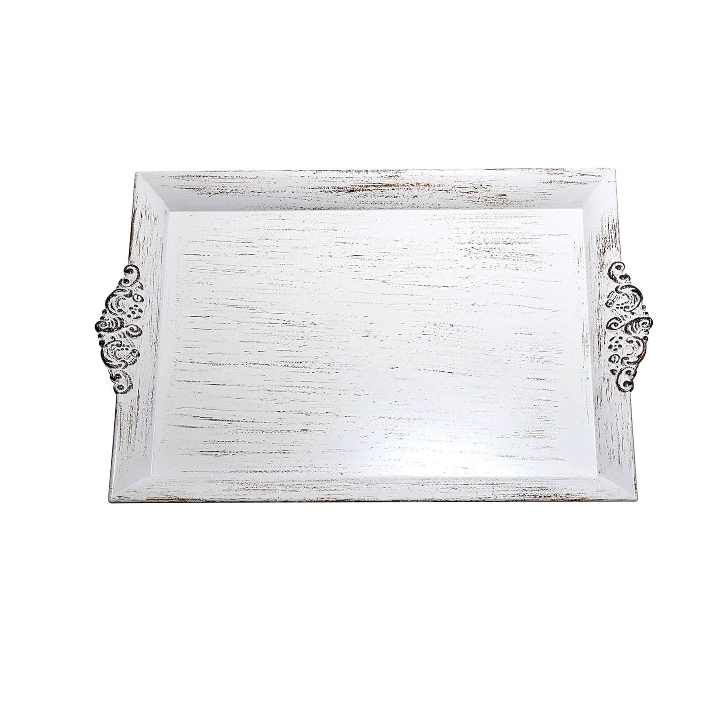 Antique white wash decorative acrylic serving tray with embossed rims.