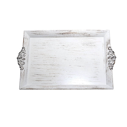 Antique white wash decorative acrylic serving tray with embossed rims.