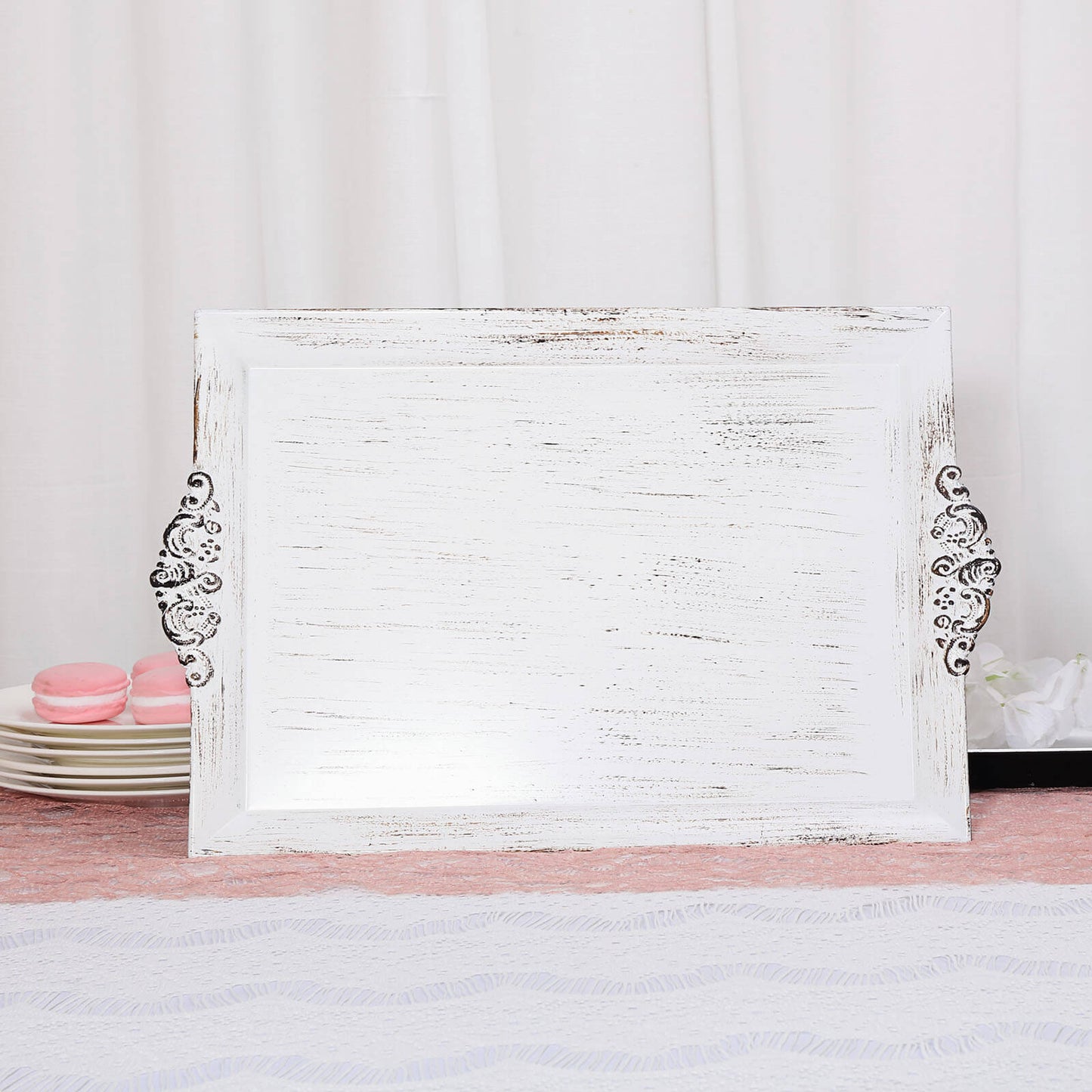 Antique white wash decorative acrylic serving tray with embossed rims.