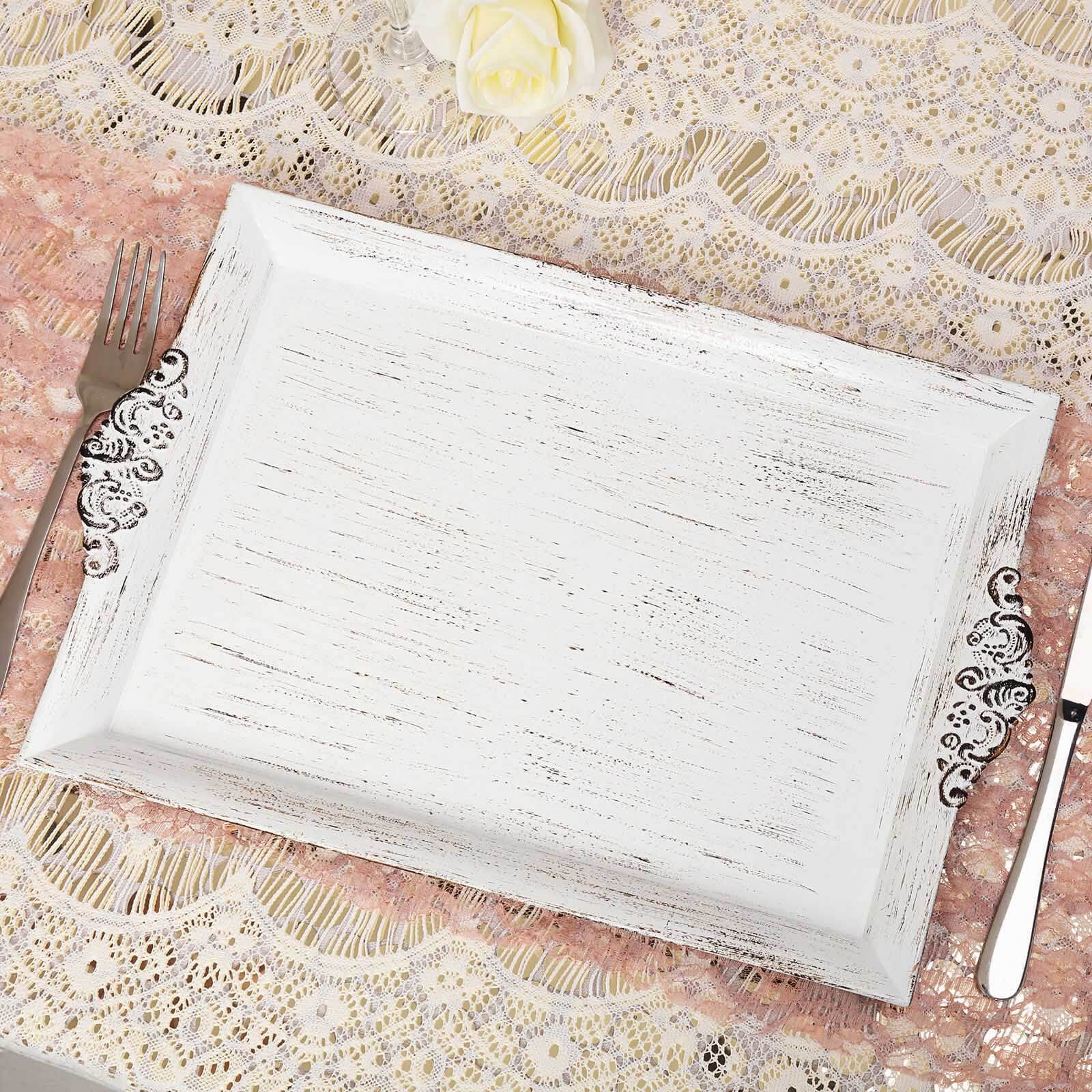 Antique white wash decorative acrylic serving tray with embossed rims.