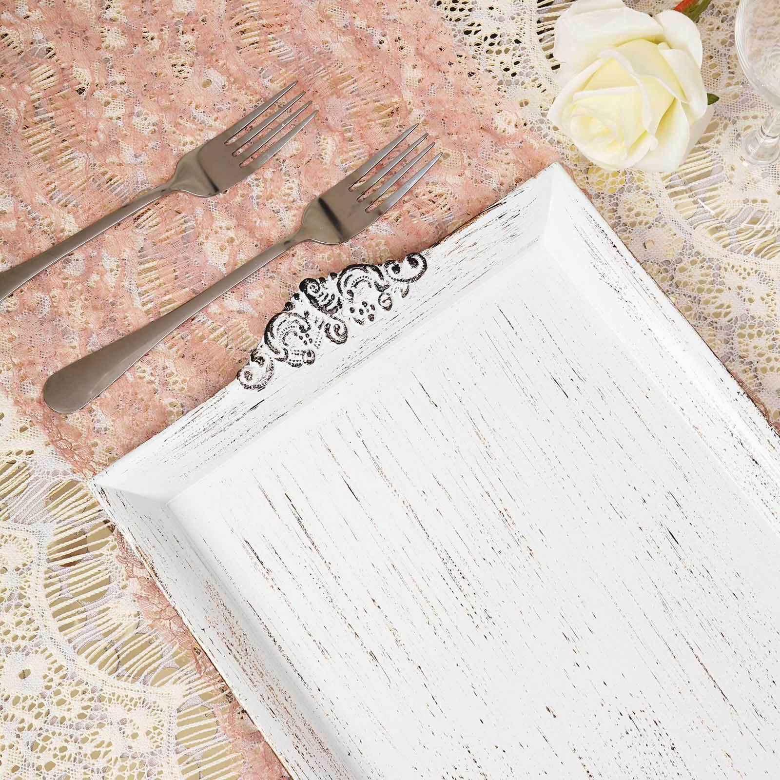 Antique white wash decorative acrylic serving tray with embossed rims.