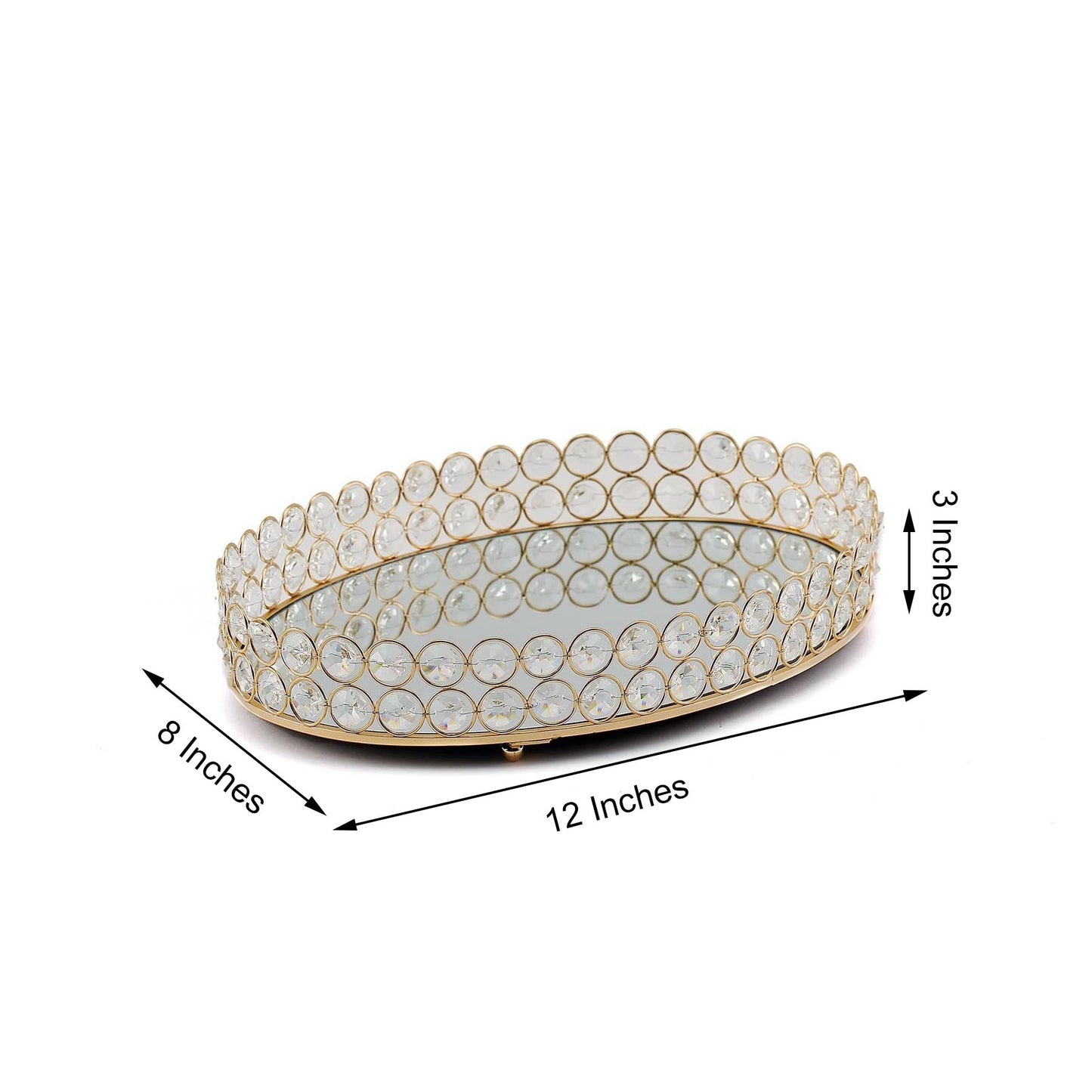 Gold metal crystal beaded oval vanity serving tray, decorative design, 12"x8".