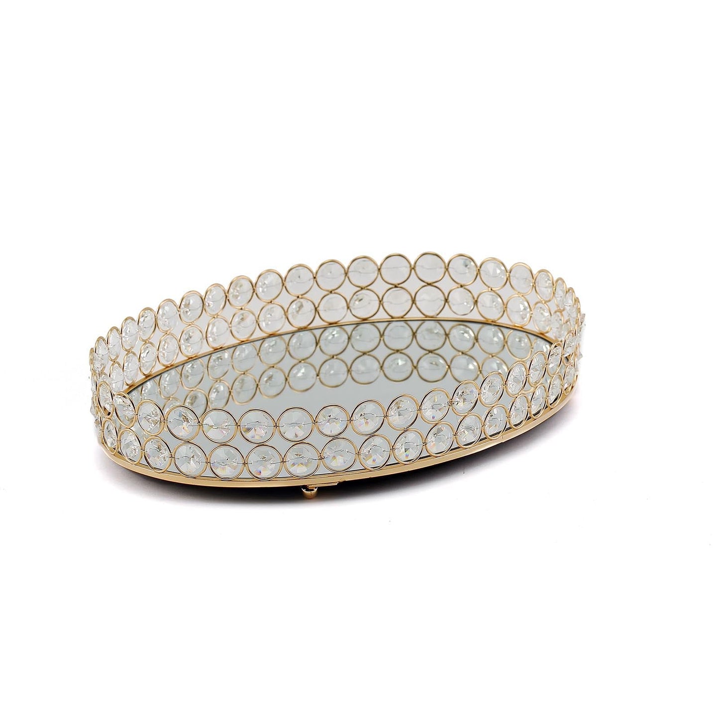 Gold crystal beaded oval vanity serving tray, decorative small mirror tray.