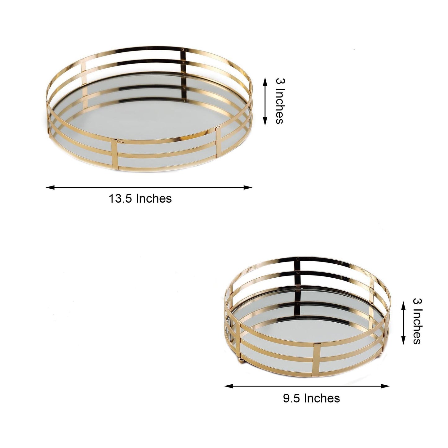 Gold metal round mirror serving trays set of 2, 13" and 9".