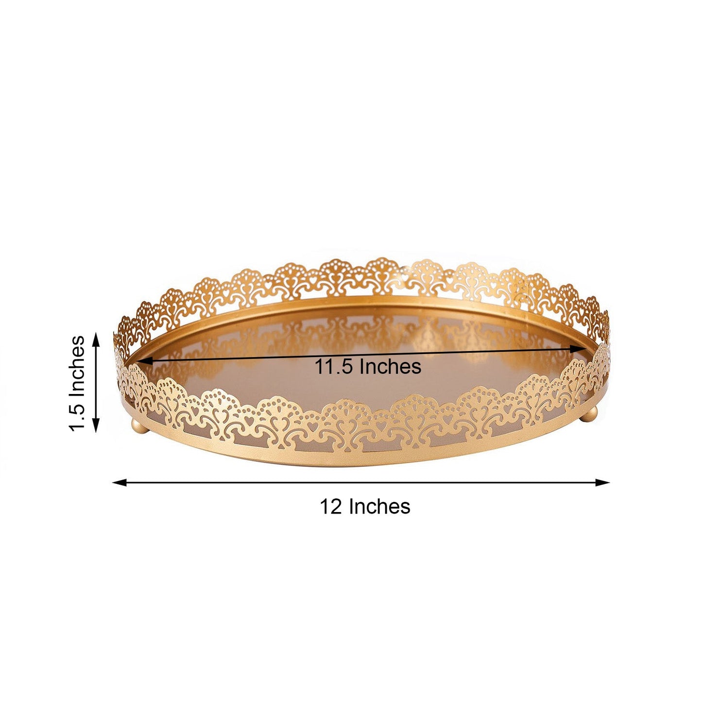 12inch Gold Premium Metal Decorative Vanity Serving Tray, Round With Embellished Rims