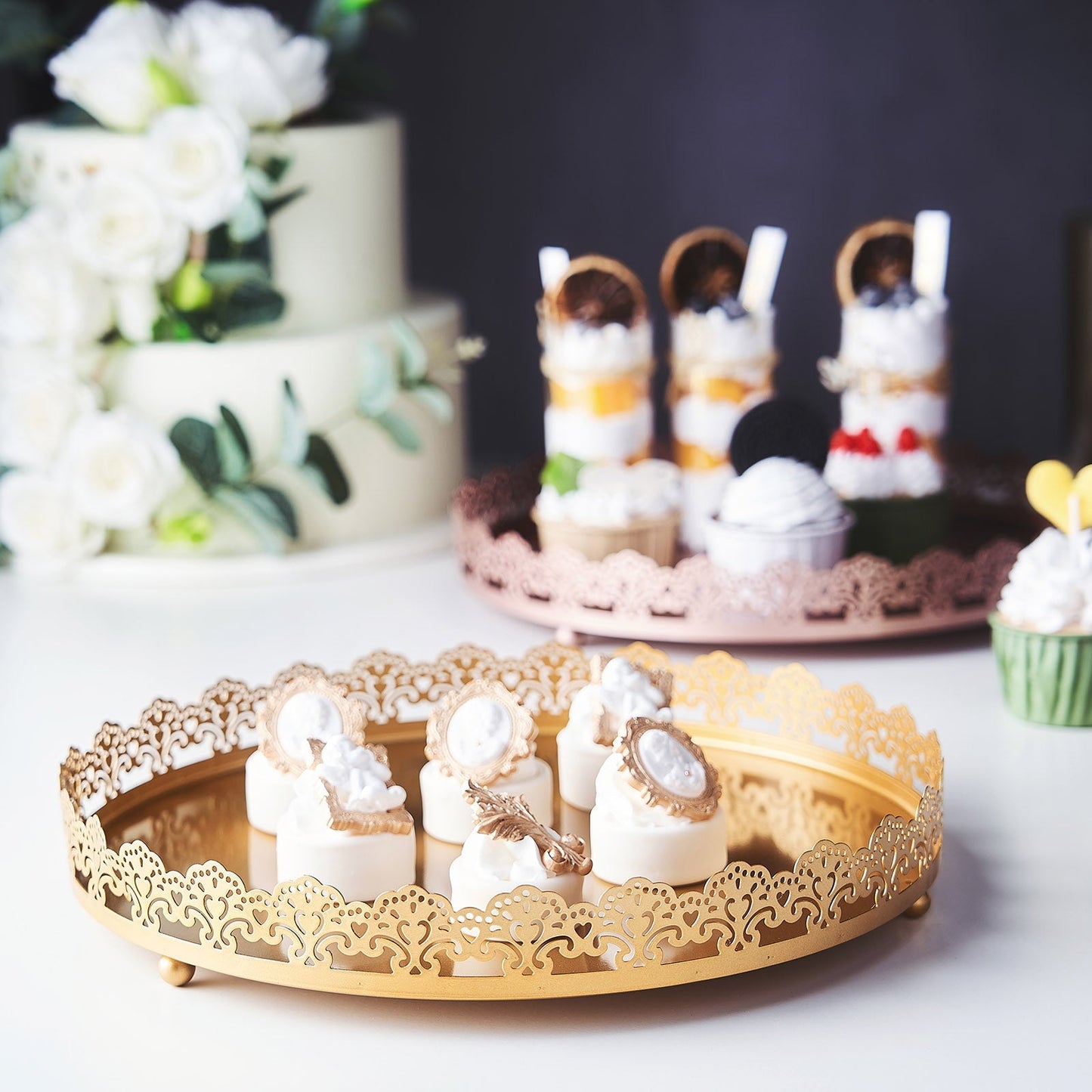 12" Gold Premium Metal Decorative Vanity Serving Tray, Round With Embellished Rims