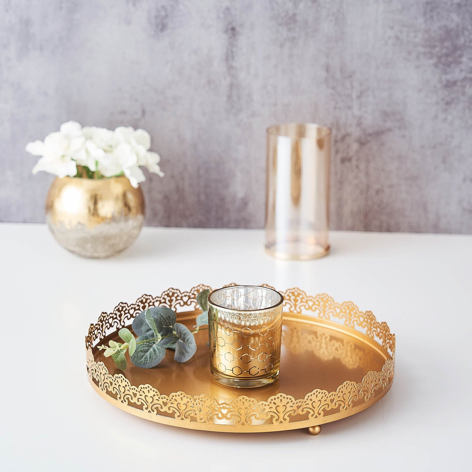 12inch Gold Premium Metal Decorative Vanity Serving Tray, Round With Embellished Rims
