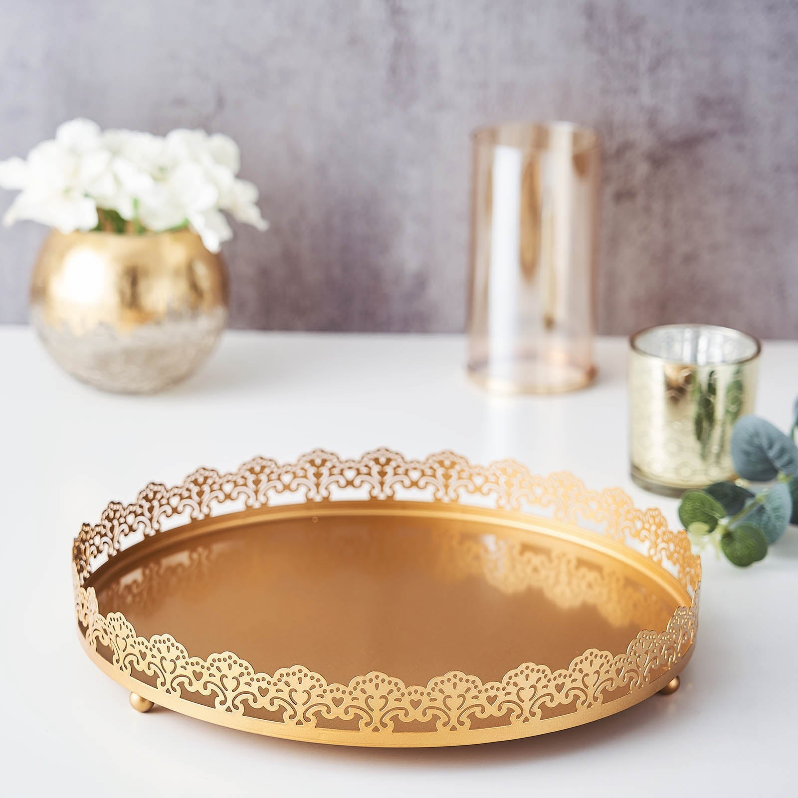 12inch Gold Premium Metal Decorative Vanity Serving Tray, Round With Embellished Rims
