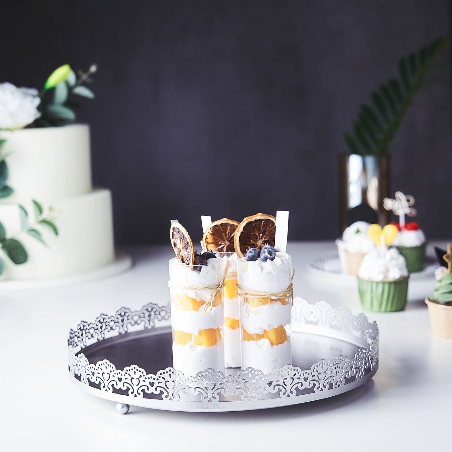 12" Silver Premium Metal Decorative Vanity Serving Tray, Round With Embellished Rims