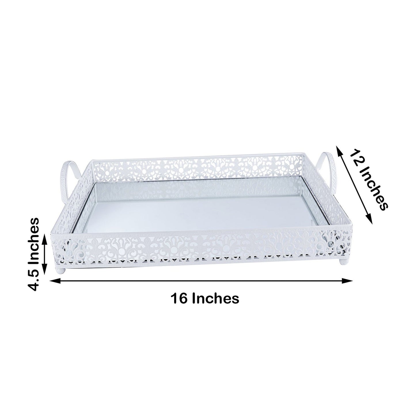 White metal decorative vanity serving tray with handles, mirrored surface, 16"x12".