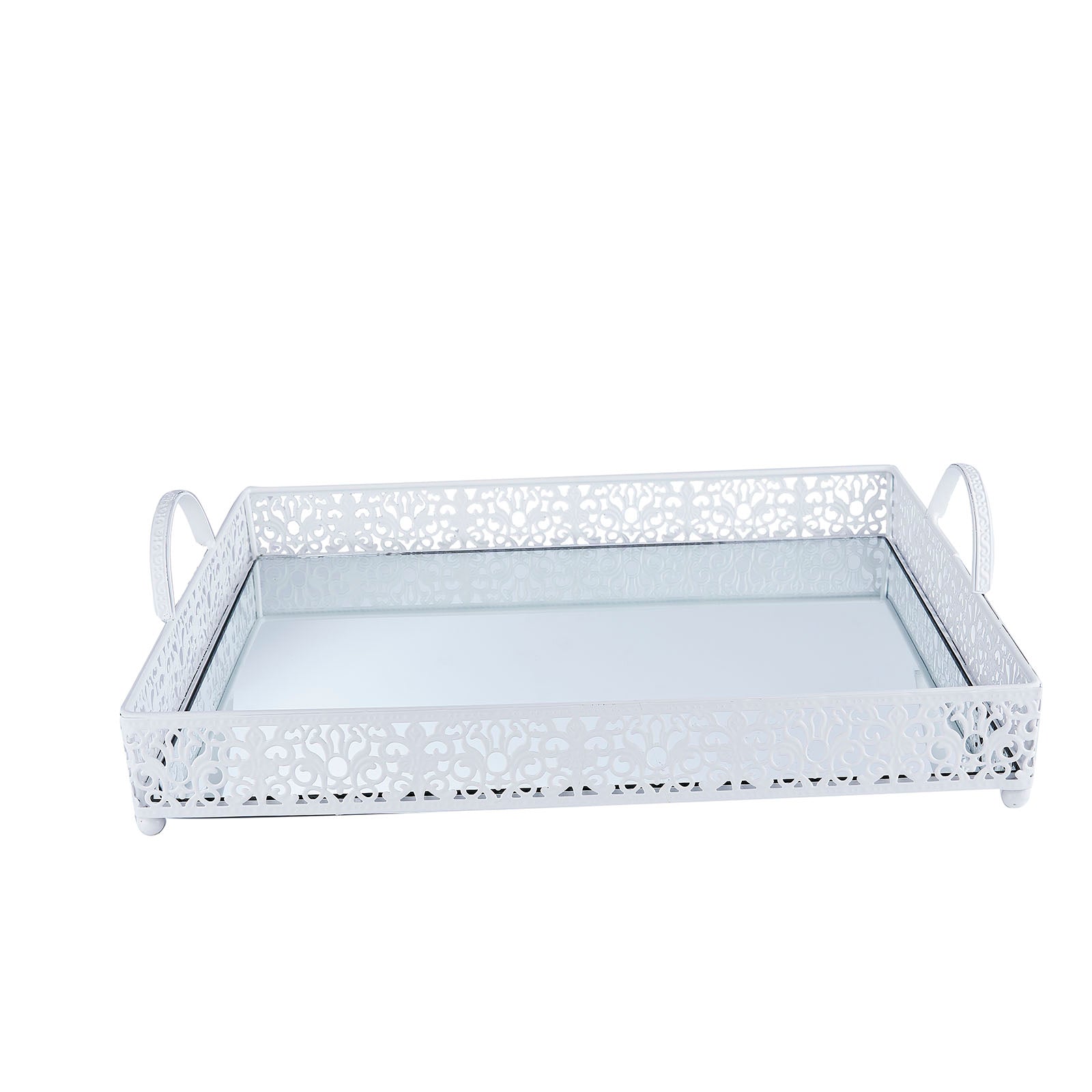 White metal decorative vanity serving tray with handles, mirrored surface.