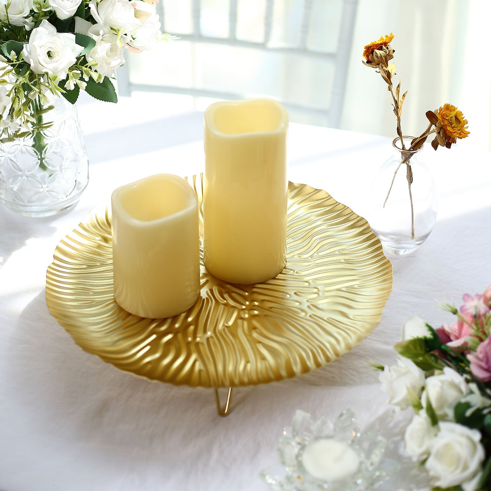 Gold Metal Tray with Wavy Hairpin Legs, 12 Inches for Serving and Dessert Display