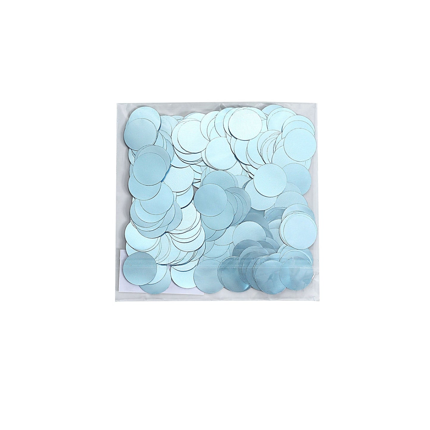 Dusty blue round foil metallic table confetti dots in a transparent bag.