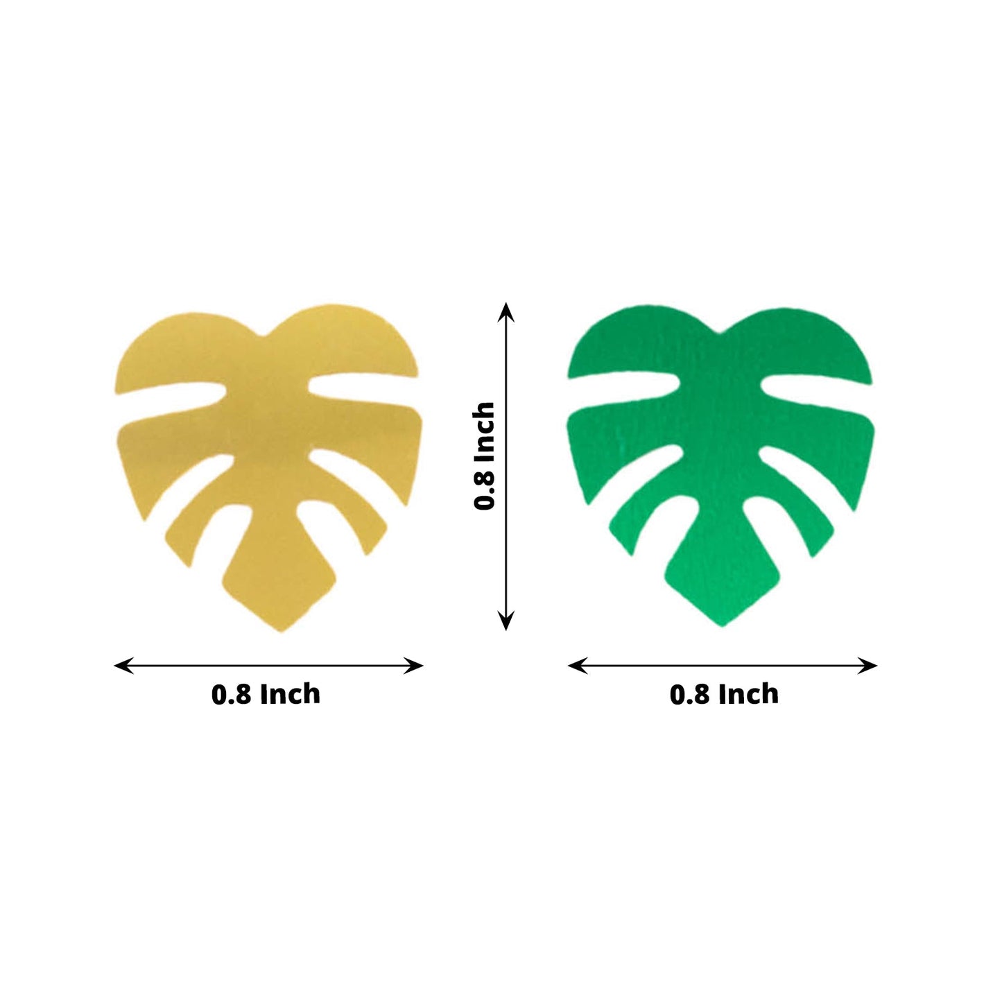 Metallic green and gold tropical palm leaf table confetti scatters.