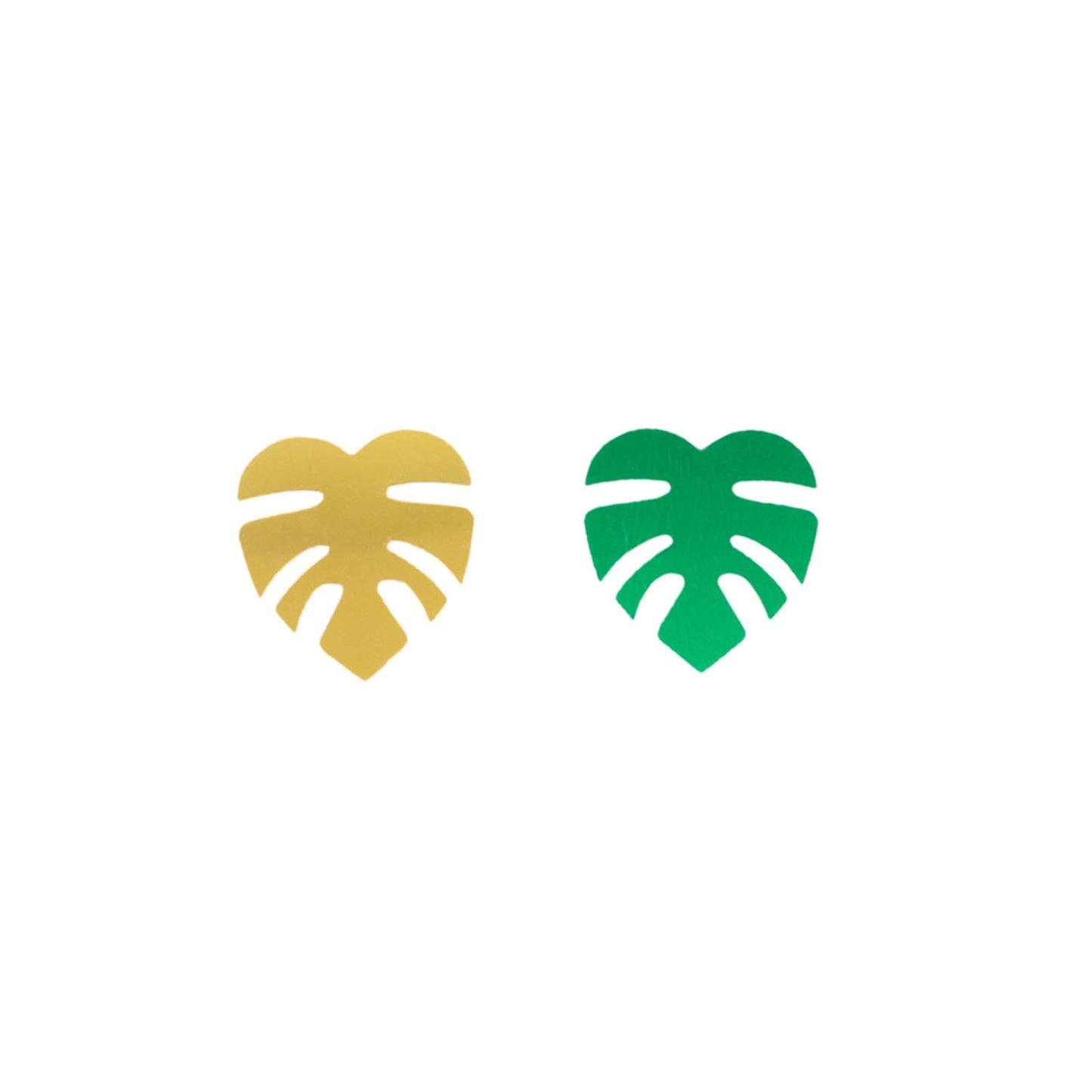 Metallic green and gold tropical palm leaf table confetti scatters.
