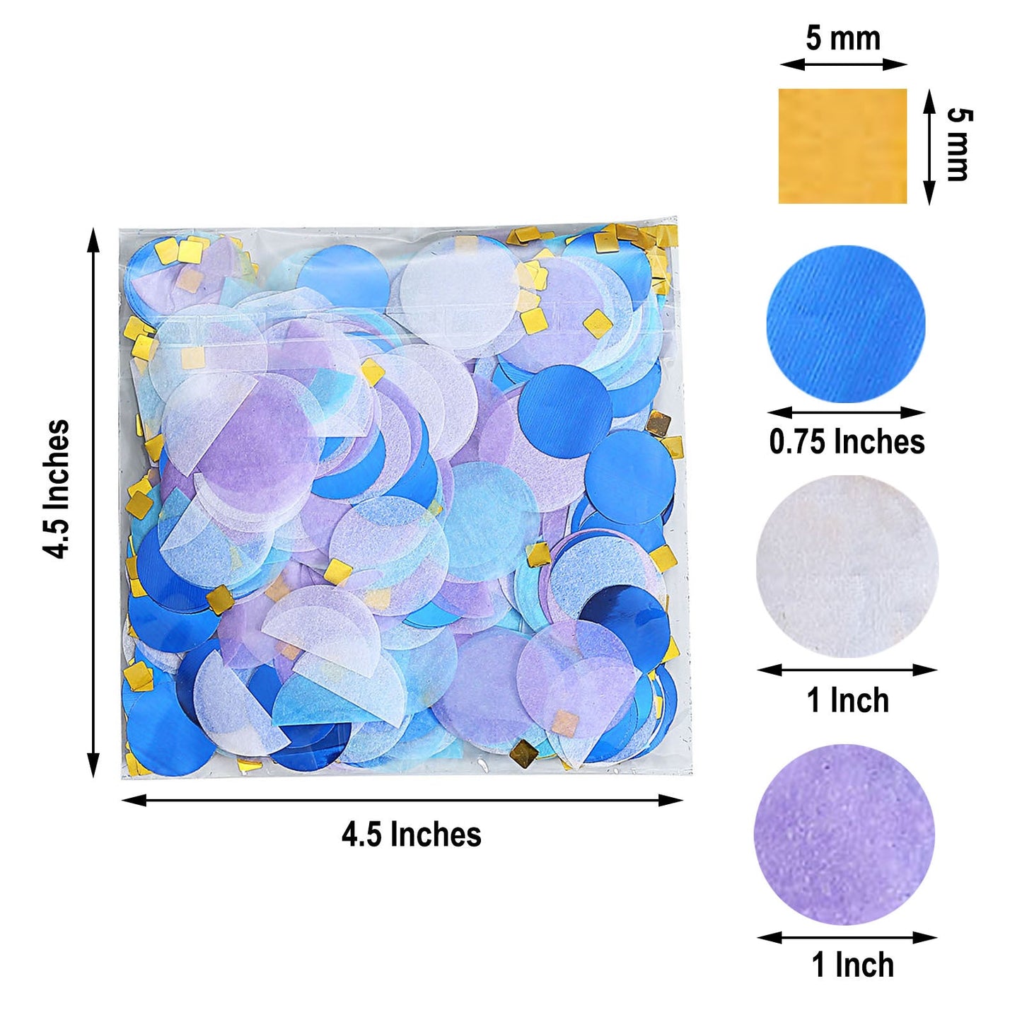 Purple and blue tissue paper and foil confetti mix with gold accents.