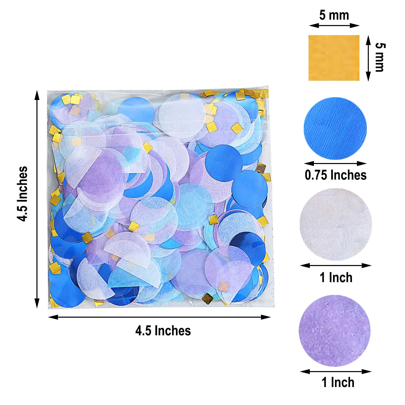 Purple and blue tissue paper and foil confetti mix with gold accents.