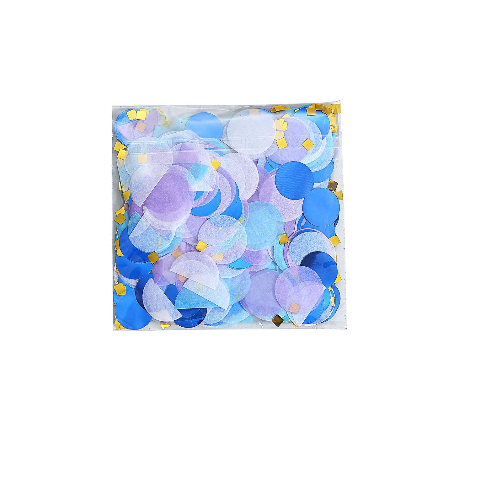Purple and blue confetti mix with gold accents in a clear bag.
