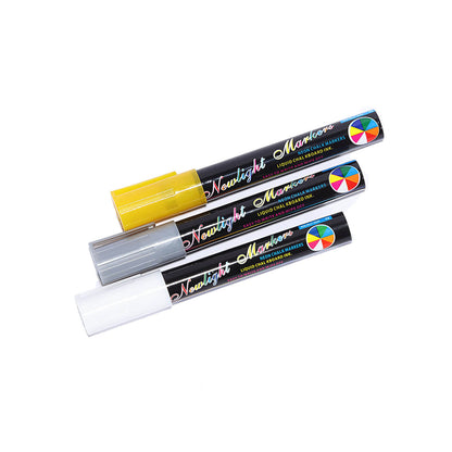 Erasable liquid chalk markers in yellow, gray, and white for blackboards and windows.