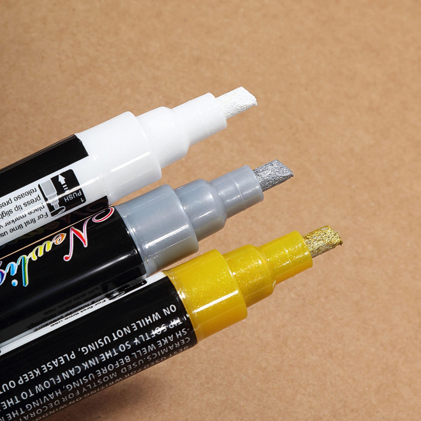 3 Pack | Erasable Liquid Chalk Markers in white, gray, and yellow for blackboards and windows