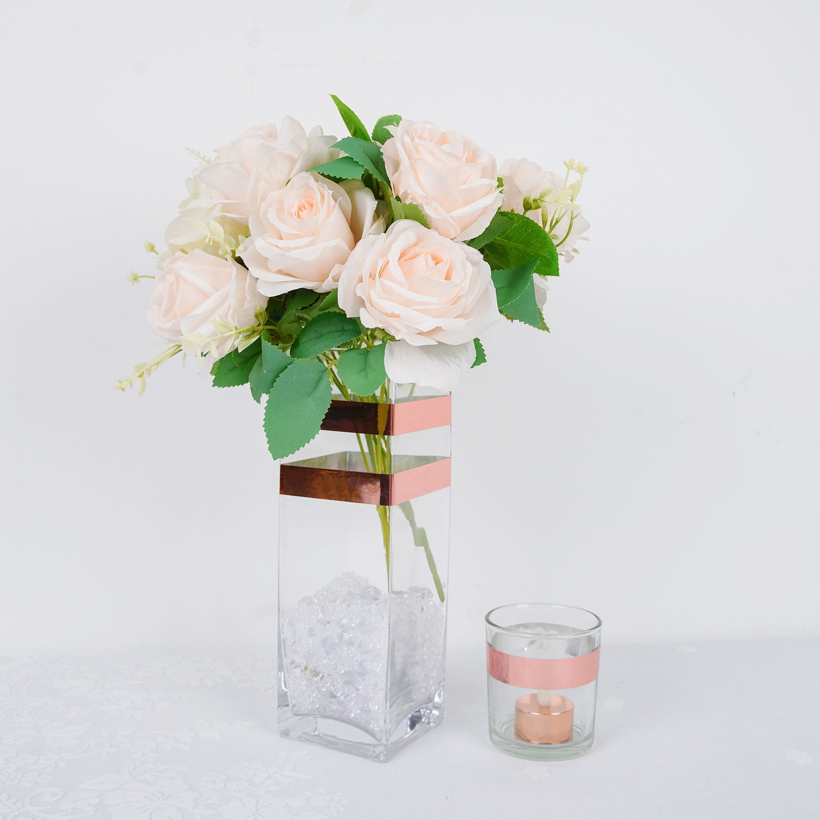 Rose gold metallic tape used in floral decor arrangement.