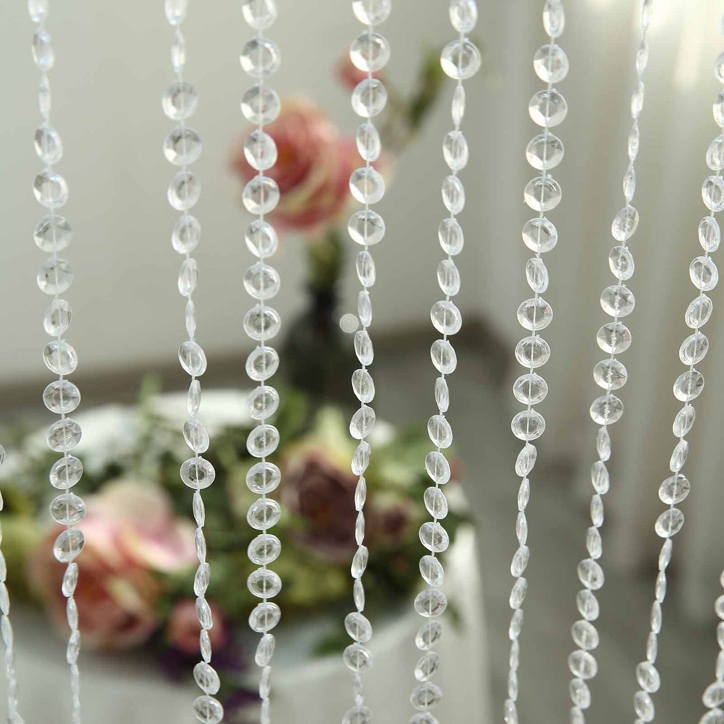 12ft crystal beaded curtain with adjustable hooks and plastic rod.