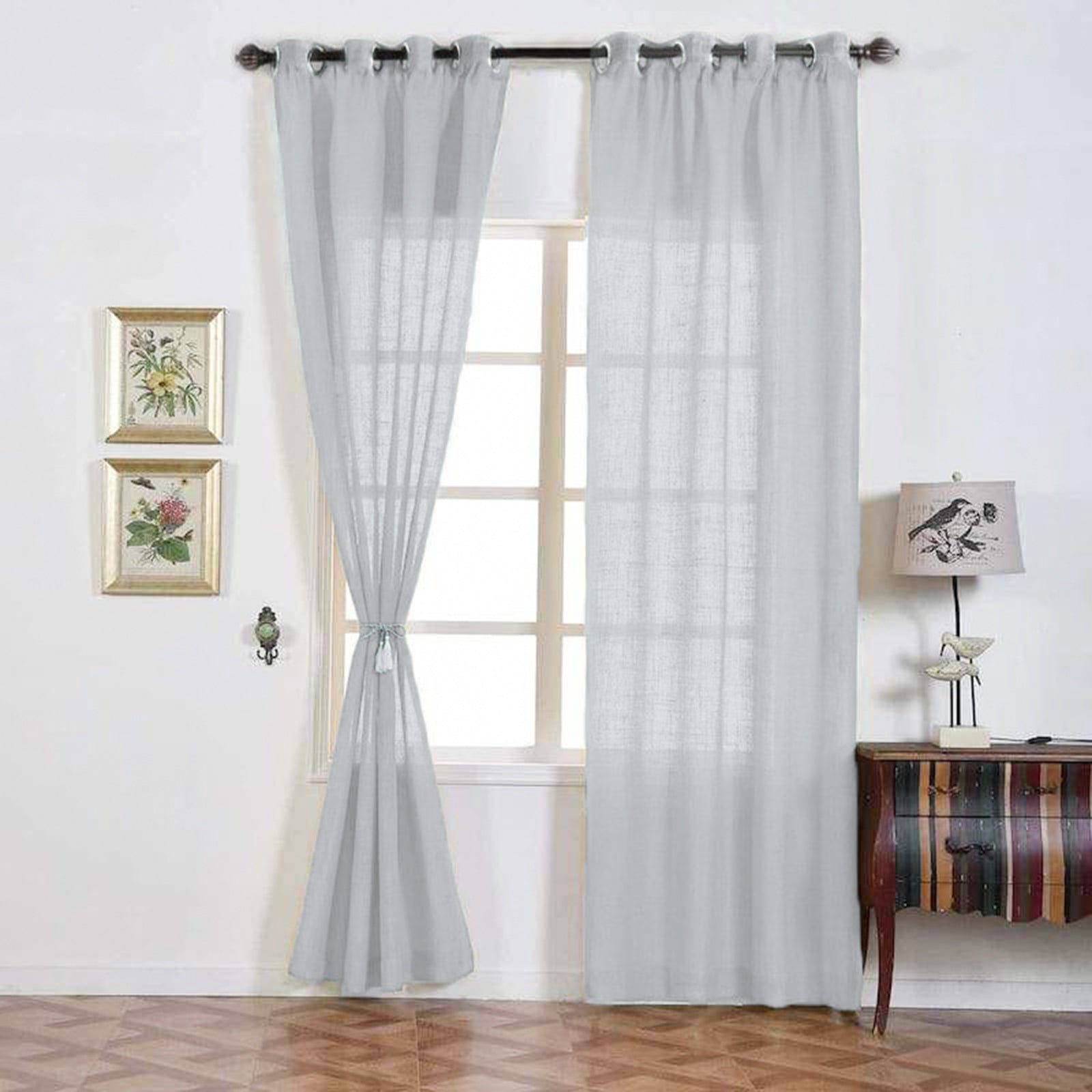 Handmade Silver Faux Linen Curtains 2 Pack 52 Inch x 96 Inch With Chrome Grommets