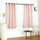 Handmade blush faux linen curtain panels with chrome grommets.