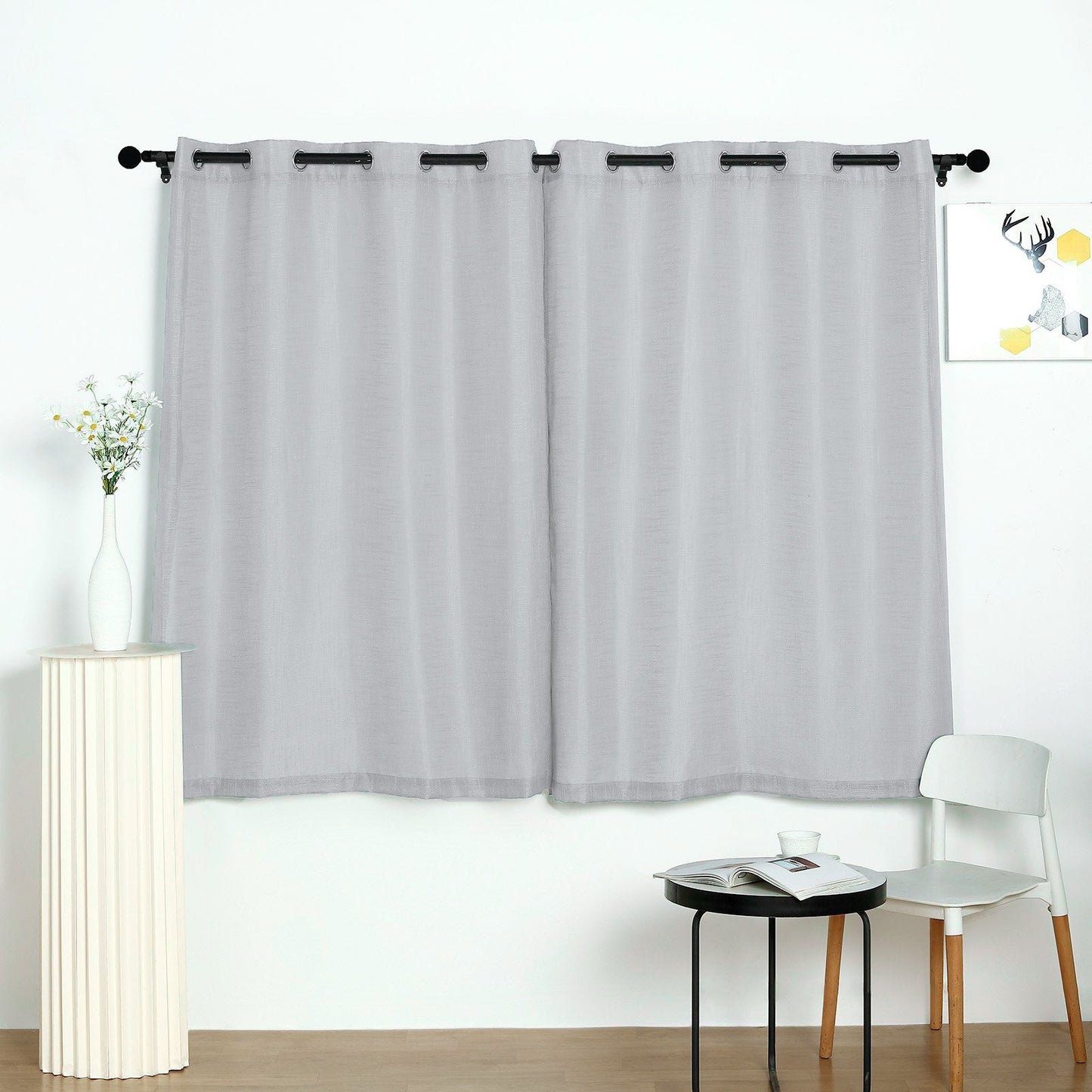 2 Pack | Handmade Silver Faux Linen Curtains 52"x64", Curtain Panels With Chrome Grommets