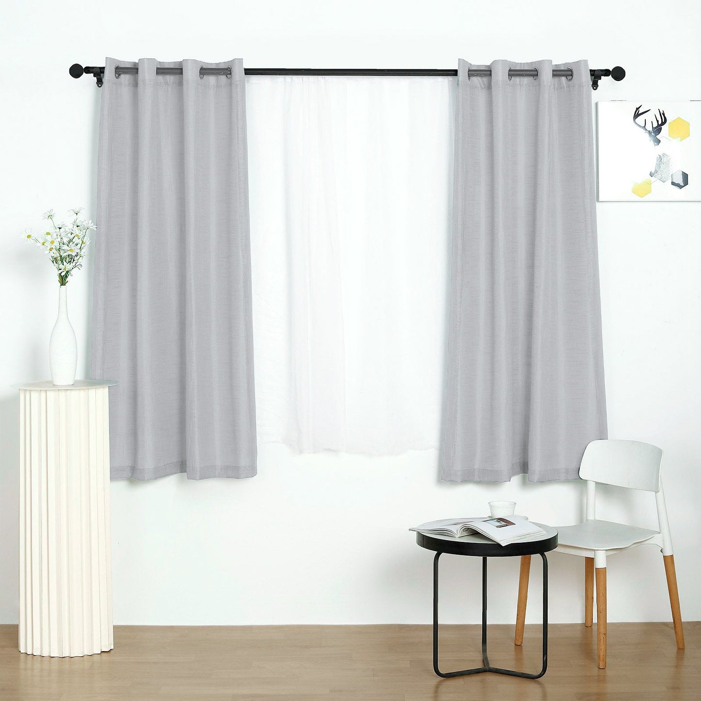 2 Pack Faux Linen Curtains In Silver 52 Inch x 64 Inch With Chrome Grommets