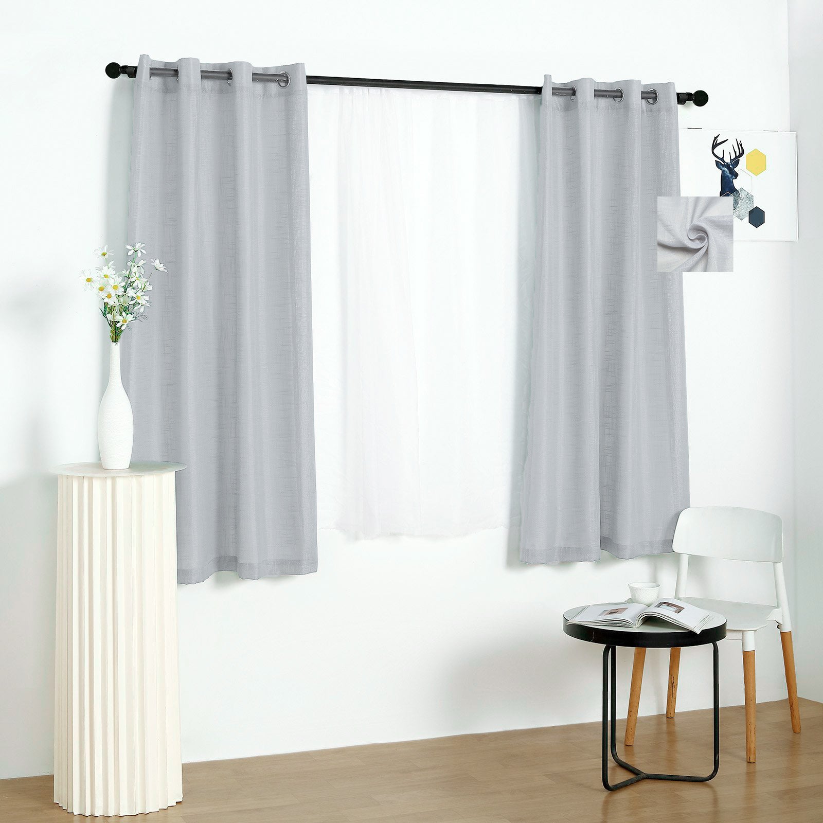 Faux Linen Silver Curtains 52 Inch x 64 Inch With Chrome Grommets 2 Pack
