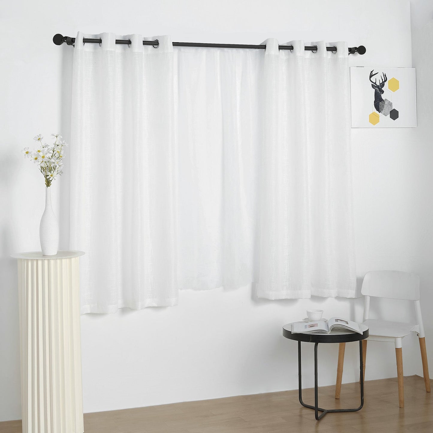 2 Pack White Faux Linen Curtains 52 Inch x 64 Inch With Chrome Grommets