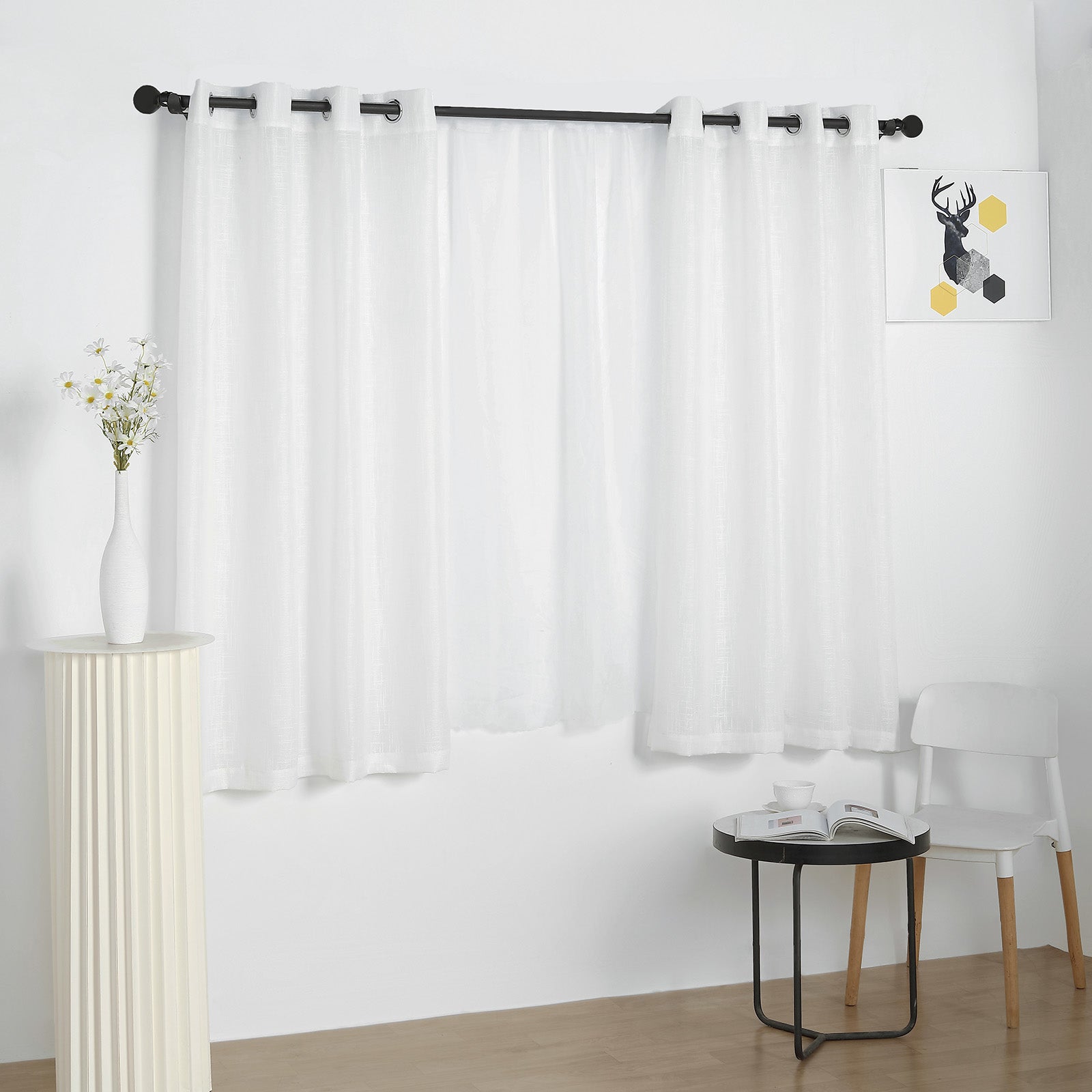 2 Pack White Faux Linen Curtains 52 Inch x 64 Inch With Chrome Grommets