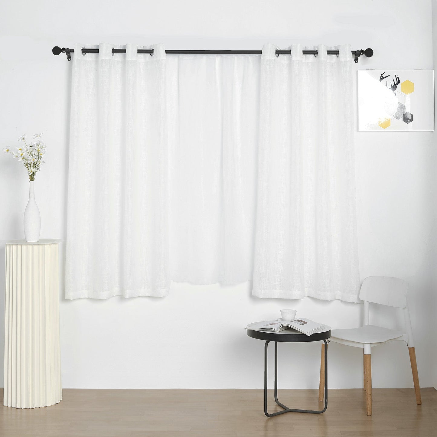 2 Pack | Handmade White Faux Linen Curtains 52"x64", Curtain Panels With Chrome Grommets