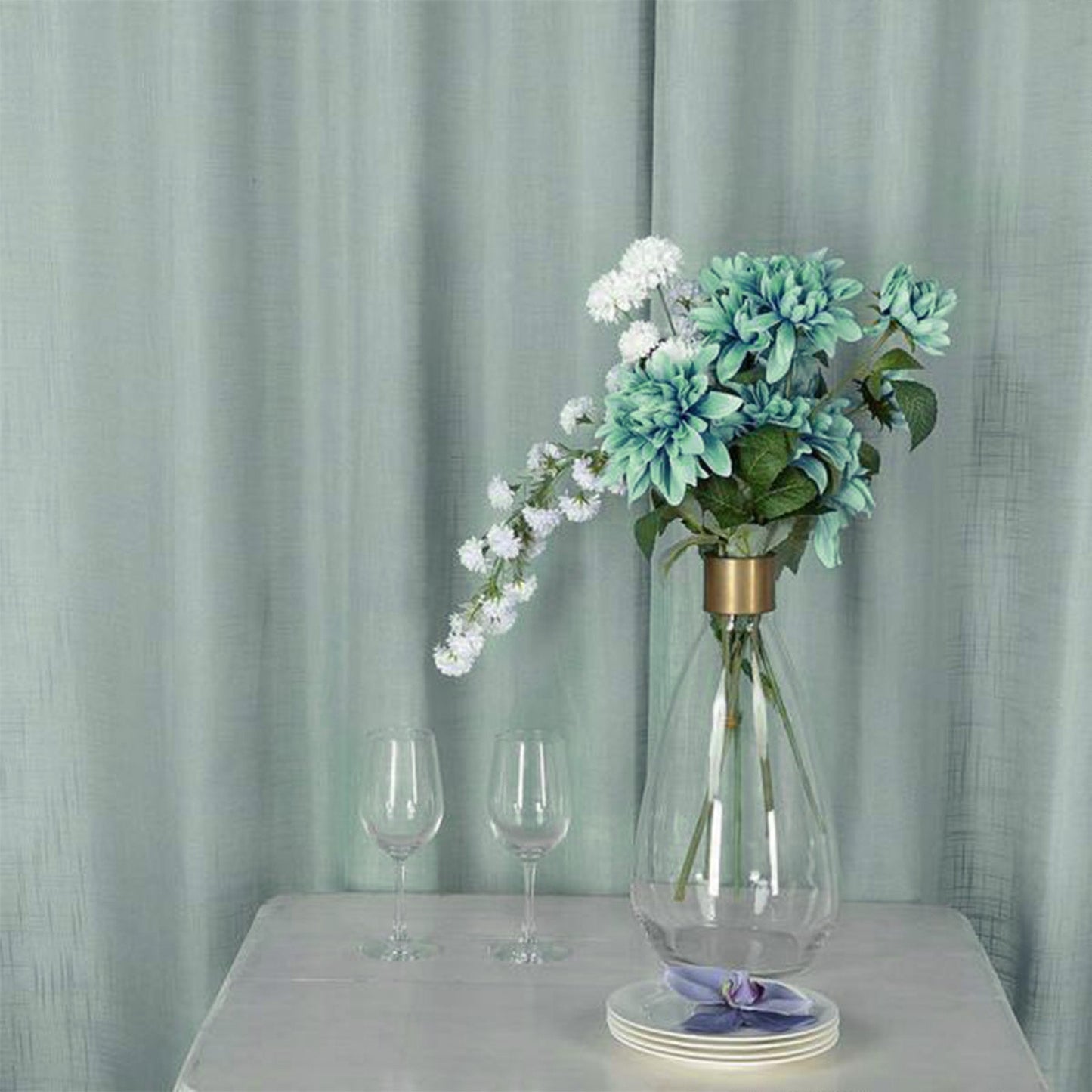 Dusty Blue Faux Linen 52 Inch x 84 Inch Curtains With Chrome Grommets