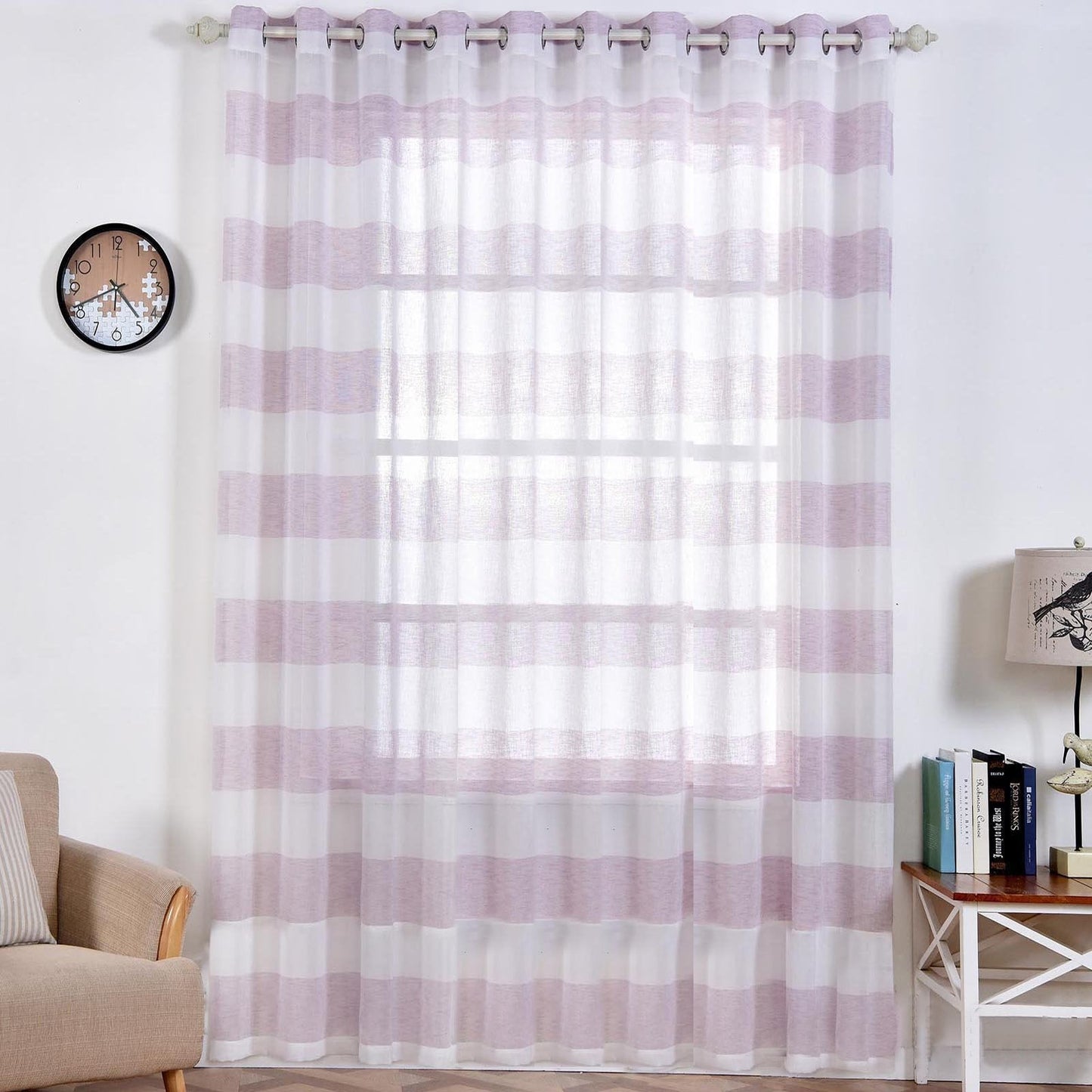 2 Pack | White/Lavender Lilac Cabana Print Faux Linen Curtain Panels With Chrome Grommet - 52"x108"