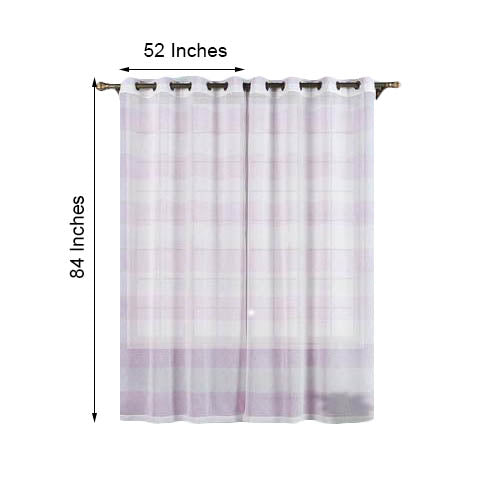 White and lavender lilac cabana print faux linen curtain panel with chrome grommet.
