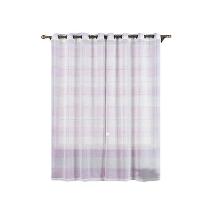 White and lavender lilac cabana print faux linen curtain panel with chrome grommet.
