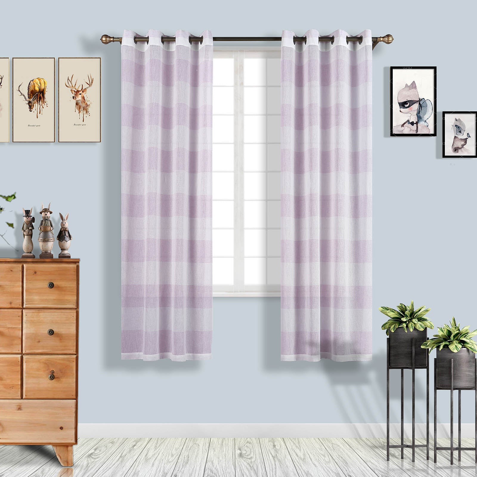 White and lavender lilac cabana print faux linen curtain panels.