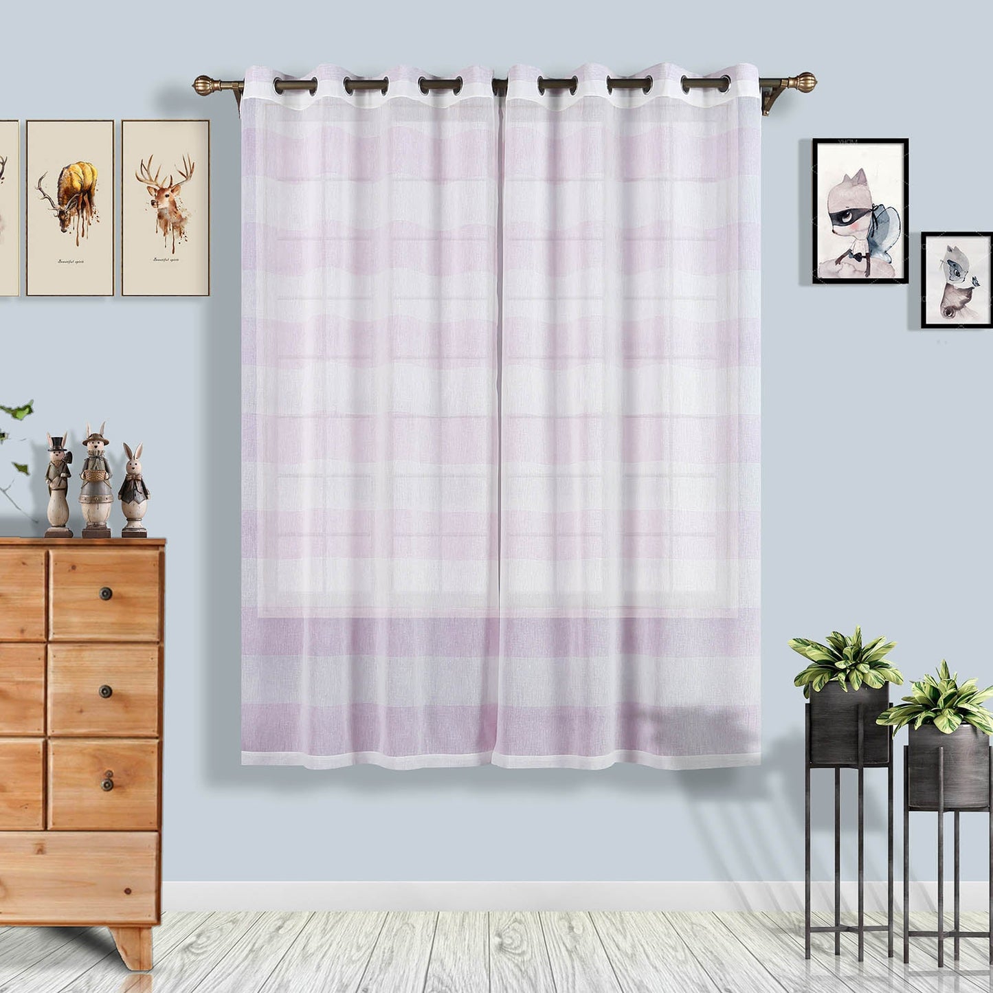 White and lavender lilac faux linen curtain panels with chrome grommet.