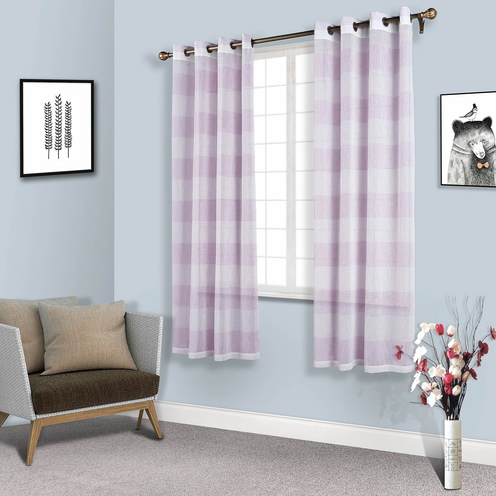 White and lavender lilac cabana print faux linen curtain panels.