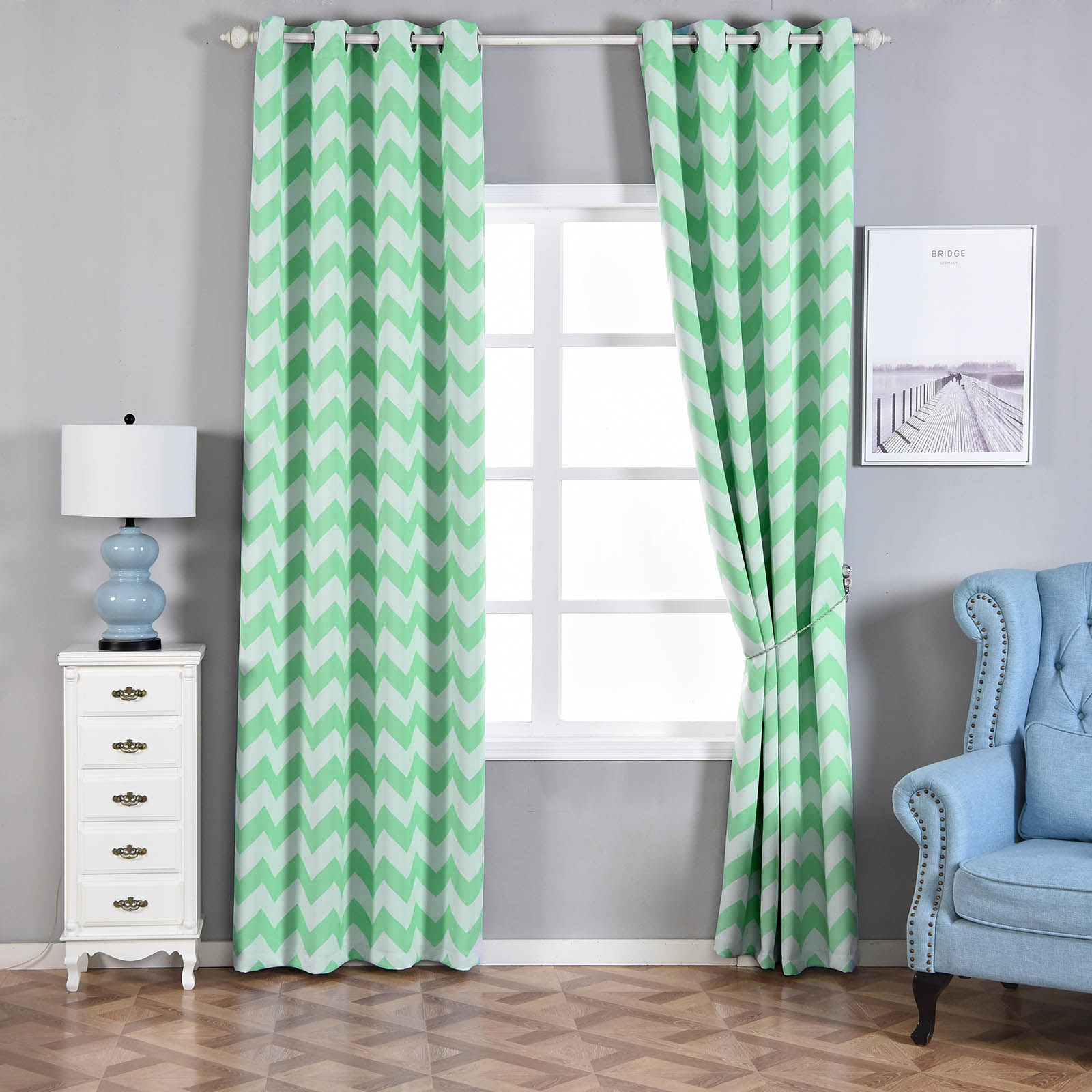 Mint chevron print blackout curtain panels, 52"x108" size.